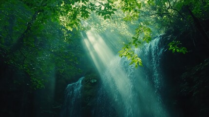 Sunbeams illuminate hidden waterfall, lush forest. Nature background, serenity