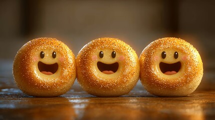 Three Happy Bagels Smiling on a Wooden Tabletop Delicious Treat