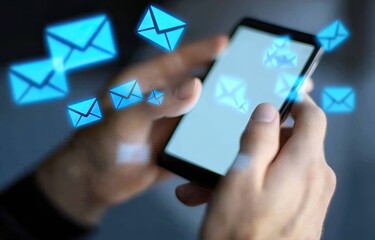 Hands holding phone with email icons, indoor setting, email notifications