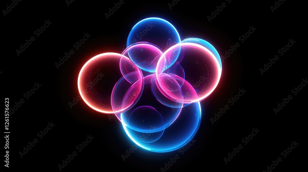 Poster A modern design featuring a cluster of neon bubbles glowing vividly against a black background, creating a futuristic, dynamic visual impac