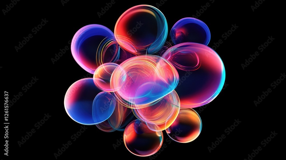 Aufkleber a modern design featuring a cluster of neon bubbles glowing vividly against a black background, crea