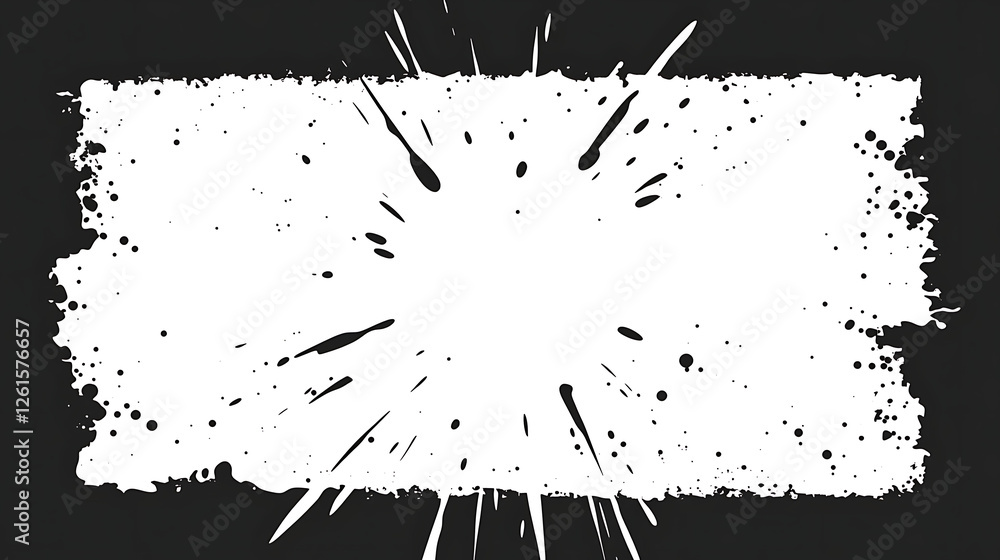 Poster black splatter explosion on white rough edges frame against dark backdrop artistic design element