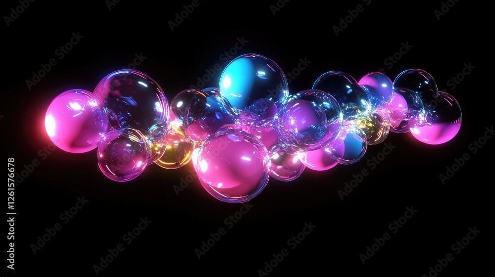 Poster A modern design featuring a cluster of neon bubbles glowing vividly against a black background, creating a futuristic, dynamic visual impac