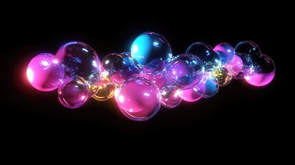 A modern design featuring a cluster of neon bubbles glowing vividly against a black background, creating a futuristic, dynamic visual impac