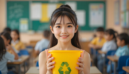 Portrait of a smiling schoolgirl holding a yellow recycling bin in a classroom.