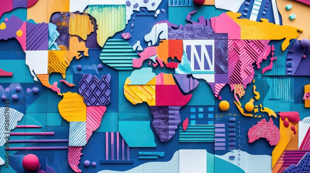 Poster A modern world map with colorful geometric patterns, using vibrant colors to represent a global and abstract artistic approach