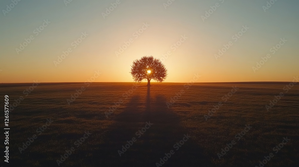 Poster A peaceful sunset over a wide-open field, with a single tree casting a long shadow, creating a tranquil atmosphere perfect for graphic overlays or text