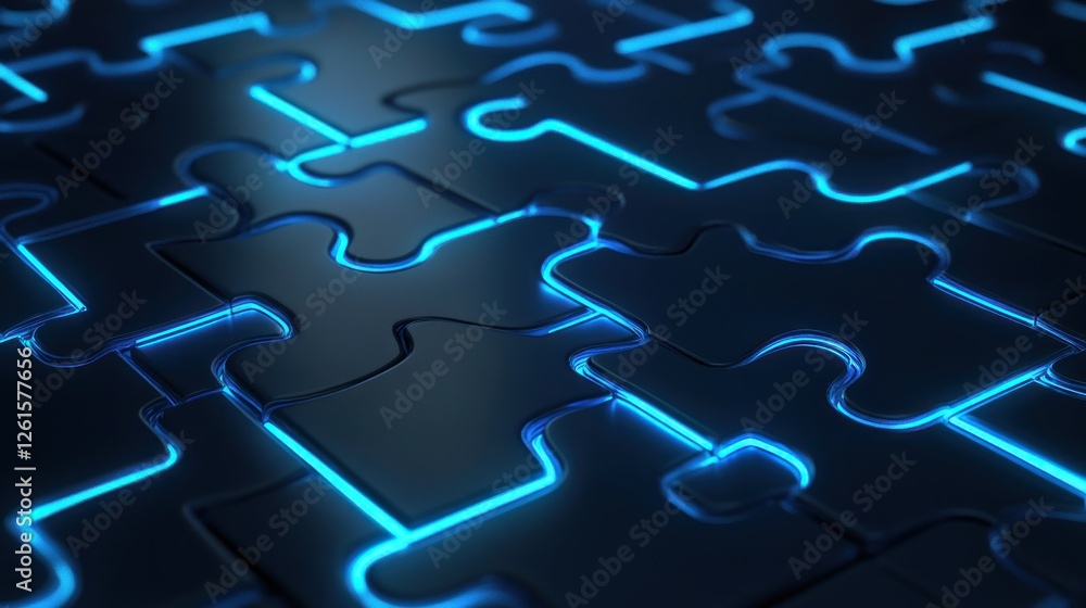 Poster close-up view of illuminated puzzle pieces on a dark surface, creating a futuristic ambiance