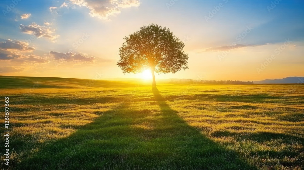 Poster A peaceful sunset over a wide-open field, with a single tree casting a long shadow, creating a tranquil atmosphere perfect for graphic overlays or text