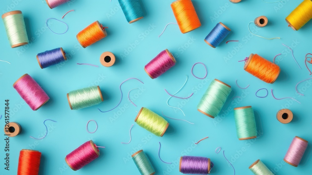 Poster a playful arrangement of colorful spools of thread scattered across a blue background, showcasing vi