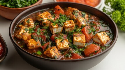 Fototapeta premium Spicy tomato paneer stew, kitchen setting, food photography, recipe