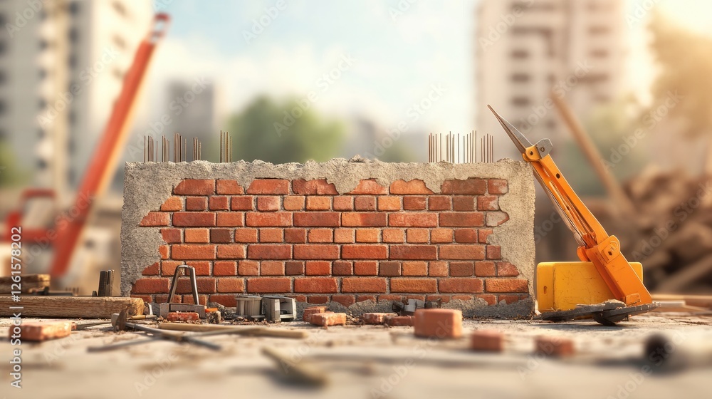 Poster a realistic 3d depiction of a construction site, showcasing a half-built brick wall and scattered to