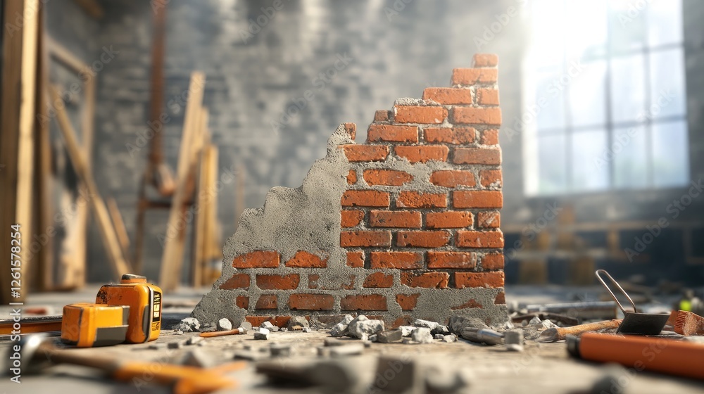 Poster a realistic 3d depiction of a construction site, showcasing a half-built brick wall and scattered to