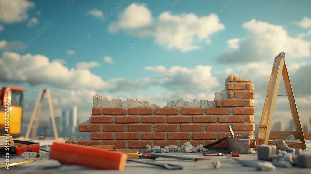Poster a realistic 3d depiction of a construction site, showcasing a half-built brick wall and scattered to
