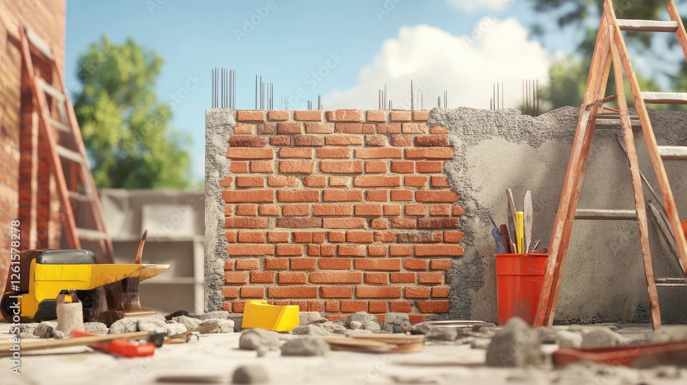 Poster a realistic 3d depiction of a construction site, showcasing a half-built brick wall and scattered to