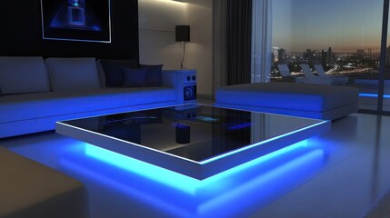 Futuristic LED Coffee Table in Modern Living Room with City View