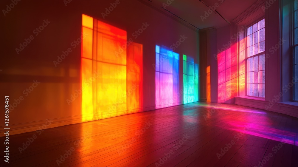 Poster a room filled with soft, colorful rainbow lighting, casting shadows across the space, creating a moo