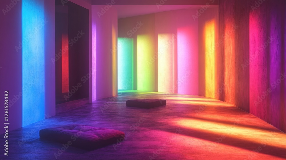 Poster A room filled with soft, colorful rainbow lighting, casting shadows across the space, creating a moody and dynamic atmosphere