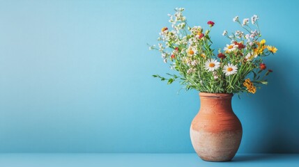 A rustic clay vase filled with wildflowers, placed on a bright blue background, capturing a serene and natural aesthetic with ample space for text or graphics