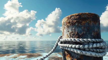 Fototapeta premium A rusty port bollard with thick ropes, bathed in sunlight under a clear blue sky and fluffy clouds, symbolizing the strength and weathering of the maritime industry