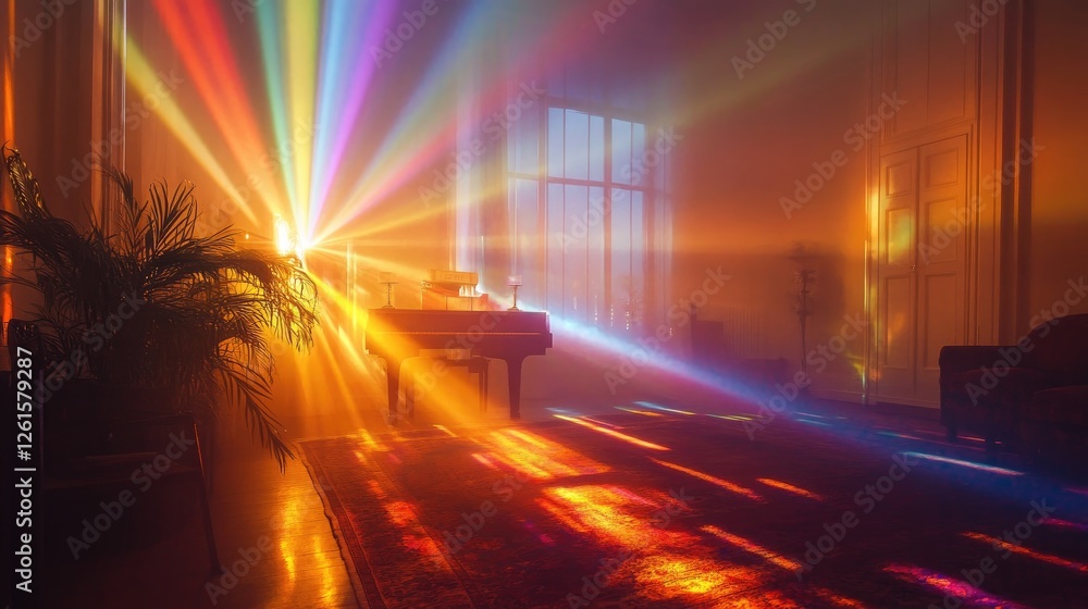 Poster A serene and magical scene with vibrant beams of multicolored light illuminating a dim room, creating a warm and inviting atmosphere