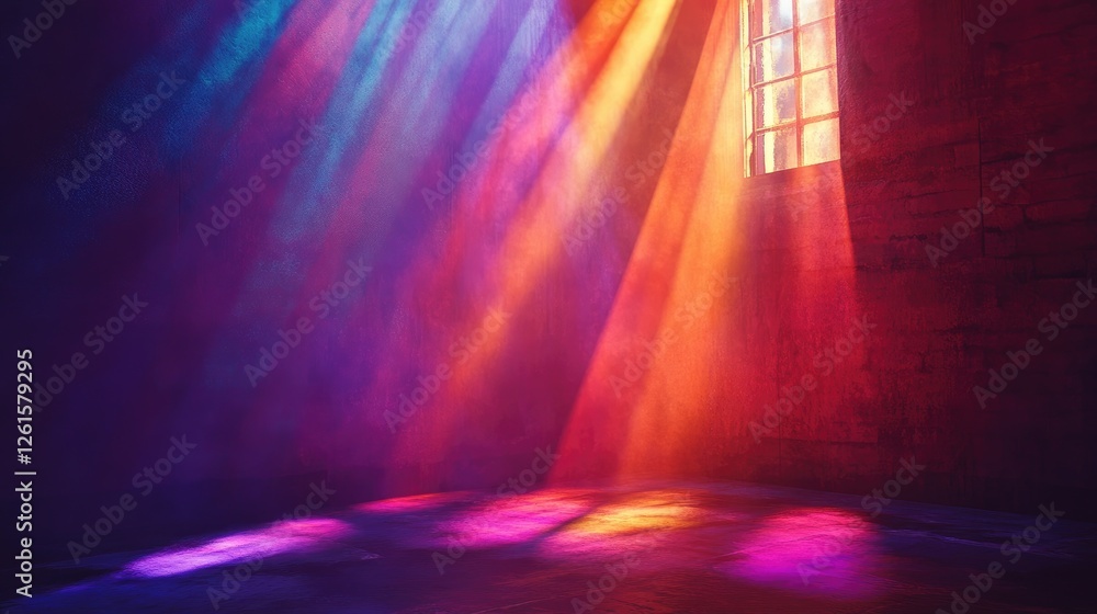 Aufkleber A serene and magical scene with vibrant beams of multicolored light illuminating a dim room, creating a warm and inviting atmosphere