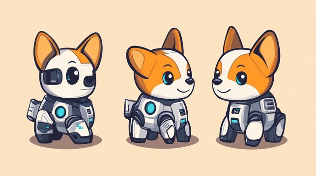 Three cute robotic corgis with friendly expressions and futuristic designs.