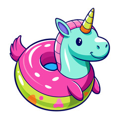 Fototapeta premium Bright and playful inflatable unicorn shaped rubber ring designed for water fun is perfect for summer relaxation at the pool or beach. Ideal for children and adults alike, it enhances enjoyment