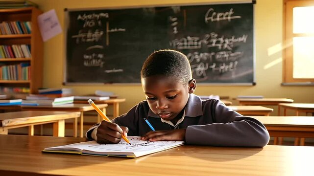 Young student deeply engaged in solving math problems in a classroom setting.