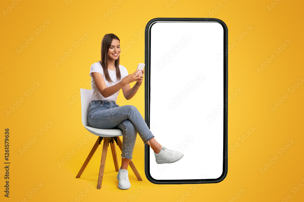 Leinwandbilder cheerful smiling female sitting on chair near big cell phone with empty white screen, using mobile d