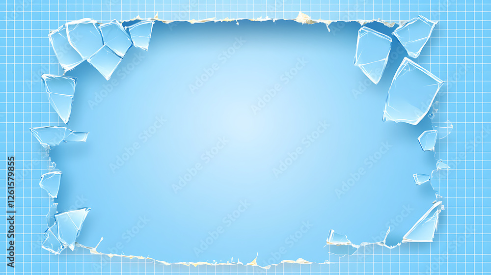 Poster broken glass shards frame with blue grid background for mockup presentation or graphic design resour