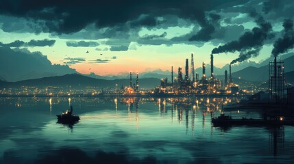 Naklejka premium A serene seascape at dusk with an oil refinery in the background, illuminated by soft lights reflecting on the still water, evoking a dramatic industrial scene