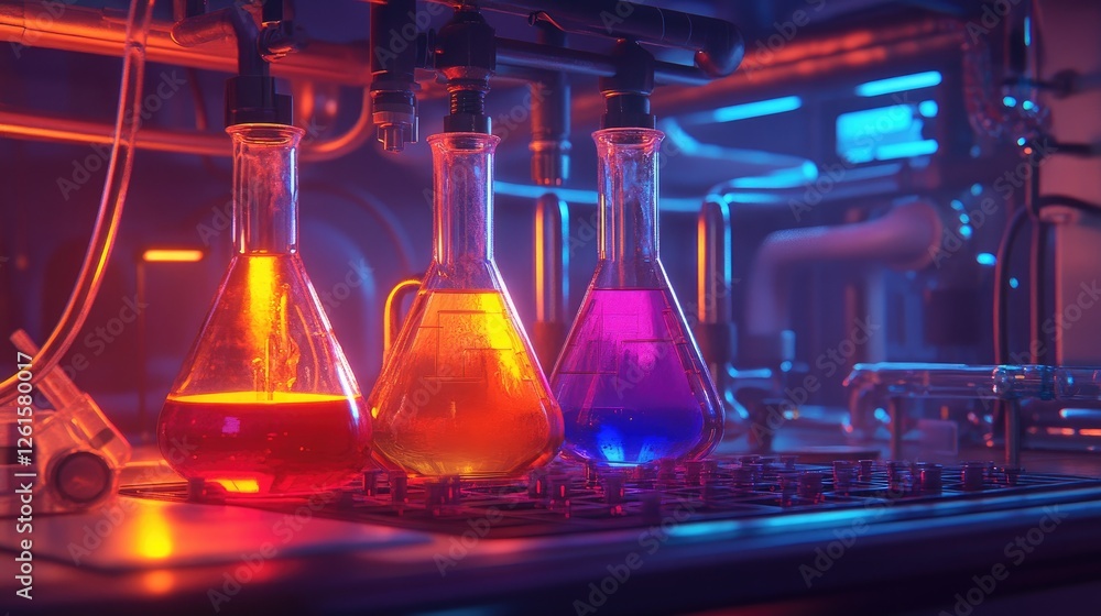 Aufkleber A set of flasks filled with brightly colored liquids, connected by complex tubing on a sterile lab bench, creating a dynamic and scientific atmosphere