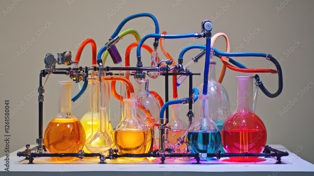Aufkleber A set of flasks filled with brightly colored liquids, connected by complex tubing on a sterile lab bench, creating a dynamic and scientific atmosphere