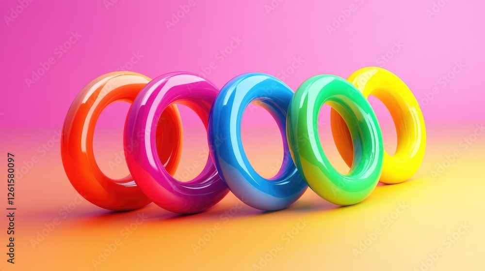 Poster a set of vividly colored rings set against a smooth gradient background, creating a playful and bold