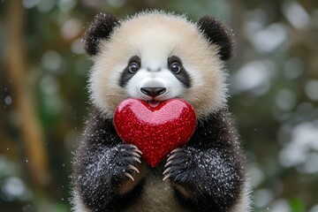 Fototapeta premium Panda - my treasured animal. Cute panda baby with sparkling rhinestones red heart on in a natural habitat. Marketing animal concept pattern idea. Natureâ€™s valentine's day wonder. Wild love.