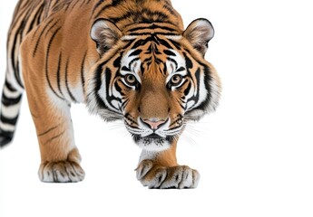 Naklejka premium Majestic Tiger Strolling with Intense Gaze on White Background