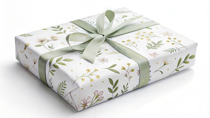 White floral gift box with sage green ribbon and botanical design