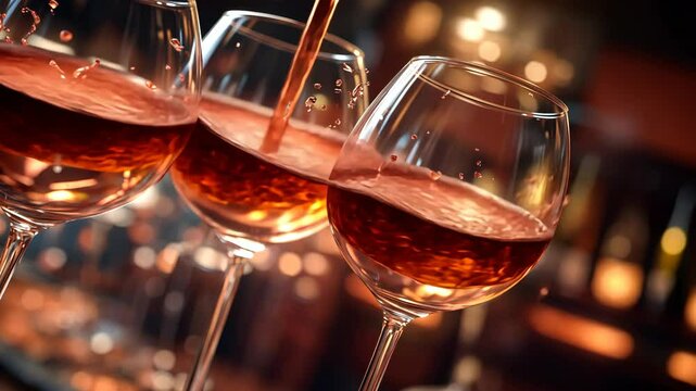 Wine pours into elegant glasses at a classy bar during an evening social gathering