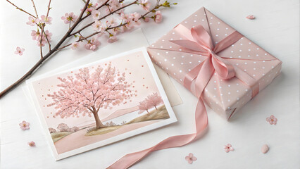Pink floral gift box with cherry blossom greeting card
