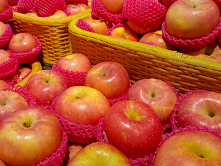 Close Up Of Fresh Red Apples In Baskets