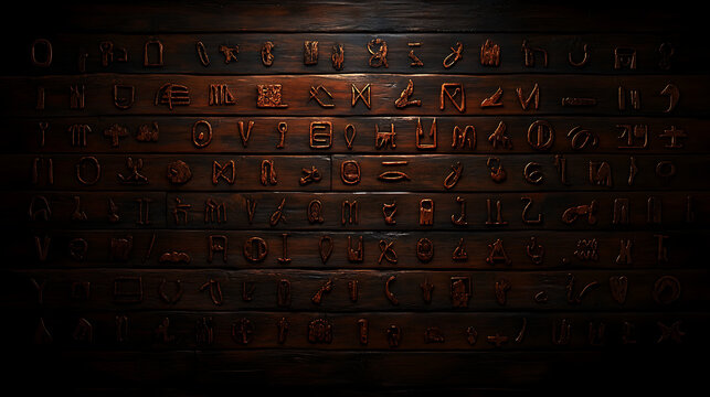 Carved Glyphs in Wooden Planks Antique Cipher Text Ancient Scripts and Mysterious Engravings Background