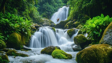 Obraz premium Monkey leaping waterfall lush jungle nature travel