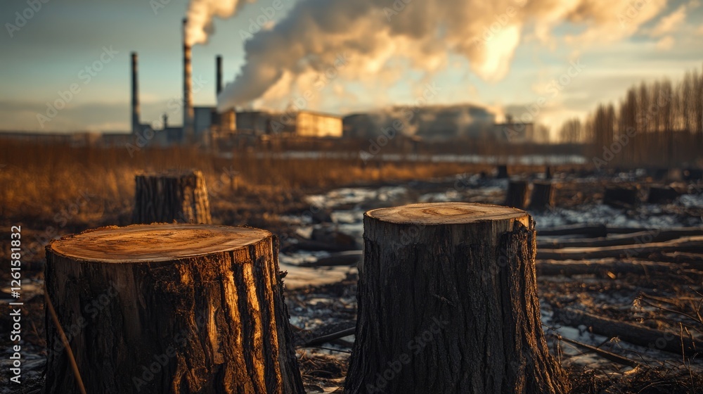 Poster a stark reminder of ecological damage: tree stumps in a deforested area with a polluting factory in 