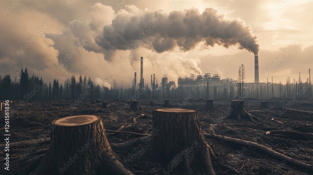 Poster a stark reminder of ecological damage: tree stumps in a deforested area with a polluting factory in 