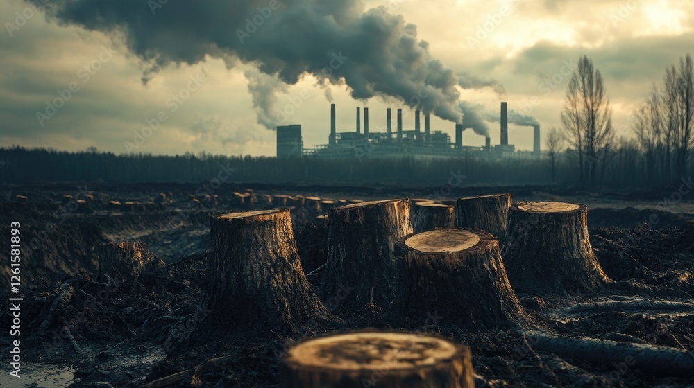 Poster a stark reminder of ecological damage: tree stumps in a deforested area with a polluting factory in 