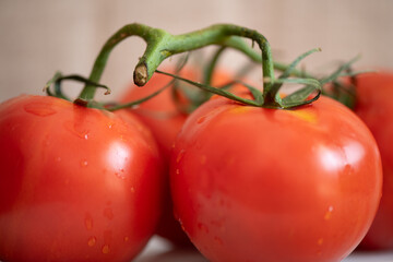 Close-up of fresh red tomatoes on a vine with a blurred background.