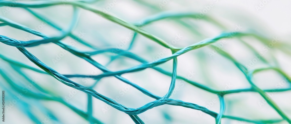 Poster close-up of intertwined blue and green threads creating an abstract pattern with soft background