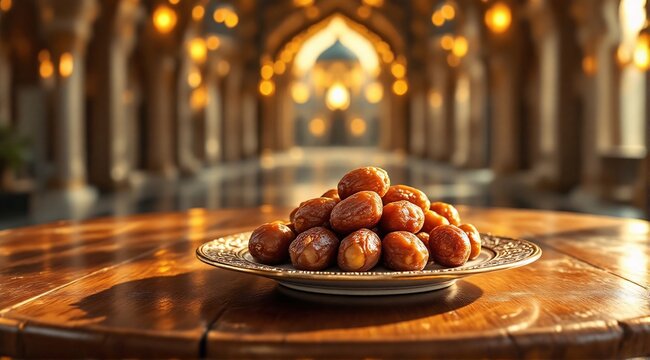 A polished table with dates, glowing under the warm sunset.
