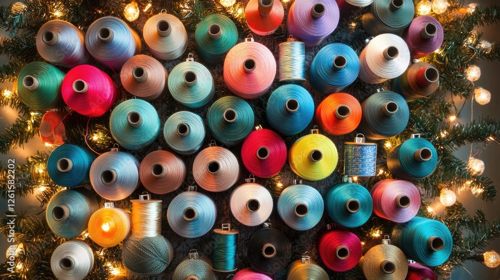 Poster a stunning arrangement of colorful spools of thread in a vibrant display, ideal for showcasing diy p